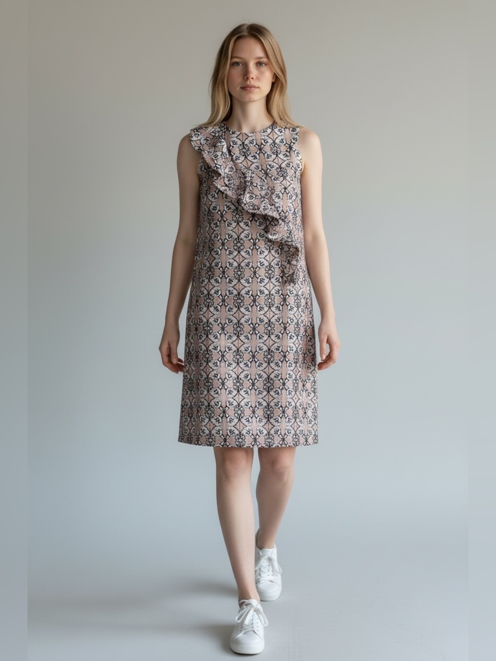 Thomas Wylde Lily Print Ruffle Front Sleeveless Sheath Dress Size 2